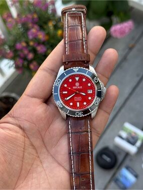 Deep Blue Pro Diver Automatic Watch - Red Dial, Brown Leather Strap men’s